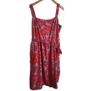 Draper James RSVP Dress Size XXL Blue Red Floral Linen Blend Smocked Midi